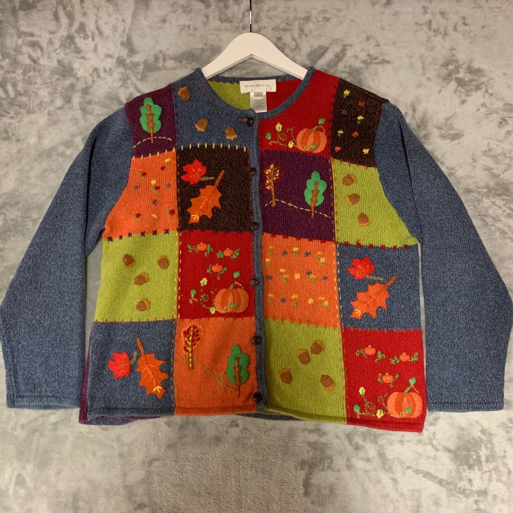 Susan Bristol VTG Cardigan Sweater Large Pumpkin Fall Hand Embroidered Patchwork